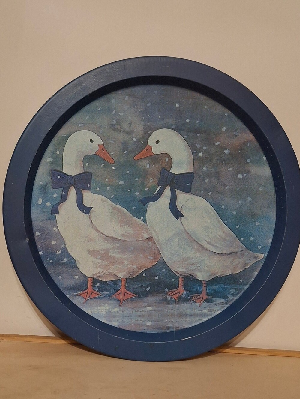 Vintage 1980s JSNY Country Geese Round Tin Tray Winter Snow Blue Bow Cottagecore